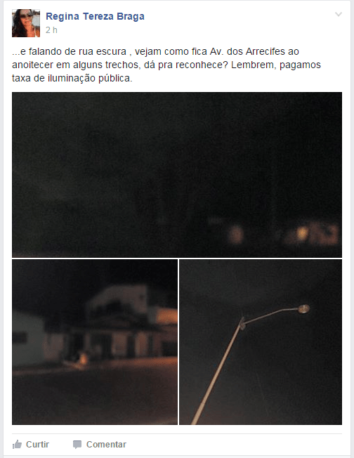 Com postagens nas redes sociais moradores reclamaram da luminosidade da Avenida dos Arrecifes.